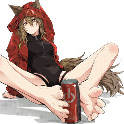 Rule 34 | 1girl, animal ears, arknights, arm support, bare legs, barefoot, black one-piece swimsuit, breasts, brown hair, can, chinese commentary, commentary request, covered navel, drink can, ears through headwear, feet, foot focus, hair between eyes, hao guangze yu, highres, hood, hood up, hooded jacket, jacket, long sleeves, looking at viewer, medium breasts, official alternate costume, one-piece swimsuit, orange eyes, parted lips, projekt red (arknights), projekt red (light breeze) (arknights), raised eyebrow, red jacket, simple background, soda can, solo, swimsuit, tail, toes, wet, white background, wolf ears, wolf girl, wolf tail, zipper