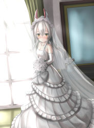 Rule 34 | 1girl, ayanami (azur lane), azur lane, bare shoulders, blush, bouquet, bridal veil, closed mouth, collarbone, commentary request, curtains, day, detached sleeves, dress, flower, hair between eyes, hair flower, hair ornament, headgear, highres, holding, holding bouquet, long sleeves, looking at viewer, loots, nose blush, orange eyes, rose, smile, solo, standing, sunlight, veil, wedding dress, white dress, white flower, white rose, window