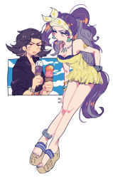 Rule 34 | 1boy, 1girl, alternate costume, anger vein, anklet, bad id, bad pixiv id, bandana, black hair, cloud, dancer, dress, earrings, food, hasuimo, ice cream, ice cream cone, jewelry, jojo no kimyou na bouken, long hair, midler, necklace, no shoes, official alternate costume, outside border, platform footwear, ponytail, purple hair, sandals, simple background, sky, steely dan, sundress, very long hair, white background