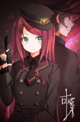 Rule 34 | 1boy, 1girl, akabane youko, back-to-back, black hat, black jacket, black neckwear, black shirt, black skirt, blue eyes, blush, brown hair, closed mouth, collared shirt, commentary request, fang, fang out, finger on trigger, fingernails, frilled neckwear, frills, green eyes, gun, handgun, hat, highres, holding, holding gun, holding weapon, jacket, kanae (nijisanji), long hair, looking at viewer, looking away, military, military hat, military uniform, na53, necktie, nijisanji, peaked cap, pistol, pleated skirt, profile, red hair, shirt, short necktie, signature, skirt, swept bangs, uniform, very long hair, virtual youtuber, weapon