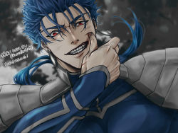 Rule 34 | 1boy, armor, blood, blood on face, blue hair, closed mouth, cu chulainn (fate), earrings, fangs, fate/stay night, fate (series), grin, highres, jewelry, cu chulainn (fate/stay night), long hair, looking at viewer, male focus, pauldrons, ponytail, red eyes, shoulder armor, slit pupils, smile, solo, spiked hair, twitter username, type-moon, wiping mouth, yanaki (ynyaan 3)