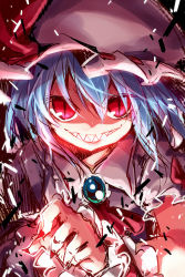 Rule 34 | 1girl, ascot, ayakashi (monkeypanch), blue hair, brooch, crazy smile, dress, evil grin, evil smile, fangs, grin, hat, hat ribbon, highres, jewelry, looking at viewer, mob cap, nail polish, pink dress, puffy sleeves, red eyes, red nails, remilia scarlet, ribbon, shaded face, short sleeves, sketch, slit pupils, smile, solo, touhou, upper body