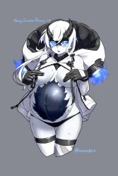 Rule 34 | 1girl, 1other, abyssal ship, asymmetrical bangs, asymmetrical horns, black gloves, black panties, blue eyes, blush, breasts, colored skin, covering breasts, covering nipples, covering privates, cracked skin, fetus, gloves, glowing, glowing eyes, hair between eyes, heavy cruiser princess, highres, horns, jewelry, kantai collection, large breasts, oso (toolate), pale skin, panties, pregnant, ring, see-through, thighhighs, underwear, uneven horns, wedding ring, white hair, white skin