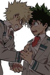 Rule 34 | 2boys, angry, bakugou katsuki, bikkusama, blonde hair, boku no hero academia, clenched teeth, clothes pull, collared shirt, curly hair, eye contact, eyebrows, fingernails, freckles, green eyes, green hair, grey jacket, hair between eyes, hand on another&#039;s arm, holding another&#039;s wrist, jacket, long sleeves, looking at another, male focus, midoriya izuku, multiple boys, necktie, open mouth, pale skin, parted lips, red eyes, red neckwear, school uniform, shirt, shirt pull, short hair, sleeves past elbows, spiked hair, sweat, sweatdrop, teeth, tongue, uniform, white background, white shirt