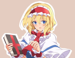 Rule 34 | 1girl, alice margatroid, blonde hair, blue dress, blue eyes, blush, book, breasts, brown background, cape, dress, eyes visible through hair, hair between eyes, hairband, hands up, ichimura kanata, looking to the side, medium breasts, open mouth, red hairband, red neckwear, short hair, short sleeves, simple background, solo, touhou, upper body, white cape, wrist cuffs