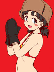 Rule 34 | 1girl, bikini, black mittens, blue eyes, blush stickers, breasts, brown hair, brown hat, commentary request, fur hat, girls und panzer, hat, looking at viewer, mittens, navel, nina (girls und panzer), oosaka kanagawa, open mouth, red background, red bikini, short hair, short twintails, simple background, small breasts, smile, solo, swimsuit, twintails, upper body, ushanka