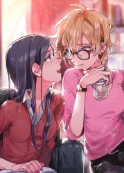 Rule 34 | 2girls, alternate hairstyle, bespectacled, black hair, blonde hair, cup, disposable cup, drinking straw, eye contact, glasses, higashi setsuna, indoors, light particles, long hair, looking at another, momozono love, multiple girls, nail polish, aged up, precure, short hair, smile, taki (tkai40), upper body, watch, wristwatch, yuri