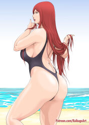 Rule 34 | ass, beach, breasts, highres, large breasts, long hair, looking at viewer, looking back, naruto (series), ocean, playing with own hair, raikageart, red hair, smile, solo, swimsuit, thong one-piece swimsuit, uzumaki kushina