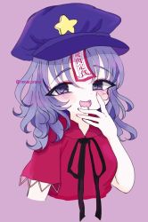 Rule 34 | 1girl, :d, blush, breasts, cabbie hat, cropped torso, drooling, hand up, hat, hat ornament, highres, jiangshi, long hair, looking at viewer, medium breasts, miyako yoshika, mouth drool, ofuda, open mouth, purple background, purple eyes, purple hair, red shirt, renakobonb, shirt, simple background, smile, solo, star (symbol), star hat ornament, touhou, upper body