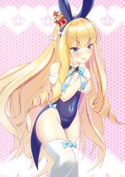 Rule 34 | 1girl, adapted costume, angry, animal ears, azur lane, bare shoulders, blonde hair, blue bow, blue bowtie, blue eyes, blue leotard, bow, bowtie, breasts, covering breasts, covering privates, crossed arms, crown, detached collar, embarrassed, fake animal ears, gloves, hairband, highres, honeycomb (pattern), honeycomb background, leotard, long hair, looking at viewer, mini crown, playboy bunny, queen elizabeth (azur lane), rabbit ears, rabbit girl, rabbit tail, small breasts, solo, strapless, strapless leotard, striped clothes, striped hairband, tail, tako-san wiener (takosanuma), thighhighs, white gloves, white thighhighs