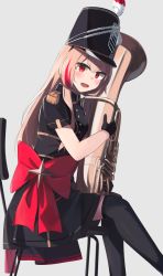 Rule 34 | 1girl, absurdres, black gloves, black thighhighs, blonde hair, blush, bow, dress bow, girls&#039; frontline, gloves, highres, hinami047, holding, holding instrument, instrument, long hair, looking at viewer, m4 sopmod ii (girls&#039; frontline), marching band, multicolored hair, open mouth, red bow, red eyes, sitting, smile, solo, thighhighs, trumpet, uniform, white background