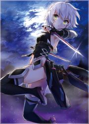 Rule 34 | 1girl, armpits, bandaged arm, bandages, black gloves, black panties, black thighhighs, boots, breasts, cloud, cloudy sky, cropped, dagger, dual wielding, dutch angle, fate/apocrypha, fate (series), fingerless gloves, fog, full moon, glint, gloves, green eyes, highres, holding, jack the ripper (fate/apocrypha), knife, midriff, moon, navel, night, night sky, panties, scar, sheath, shirako miso, short hair, silver hair, sky, small breasts, solo, standing, standing on one leg, stitches, string panties, thigh boots, thighhighs, underwear, weapon
