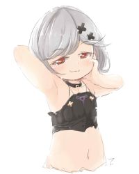 Rule 34 | 1girl, aged down, alter ego malevolent (granblue fantasy), arm behind head, armpits, arms up, baigao, black choker, blush, choker, commentary request, djeeta (granblue fantasy), granblue fantasy, grey hair, hair ornament, hairclip, hand on own cheek, hand on own face, highres, looking at viewer, navel, red eyes, short hair, simple background, smile, smirk, solo, stomach, upper body, white background, x hair ornament