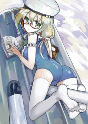 Rule 34 | 10s, 1girl, ass, between legs, blonde hair, book, feet, float, glasses, green eyes, hair ribbon, hat, highres, i-8 (kancolle), kantai collection, looking at viewer, looking back, lying, manga (object), mizuta kenji, no shoes, on stomach, one-piece swimsuit, open book, personification, pool, red-framed eyewear, ribbon, school swimsuit, sexually suggestive, smile, soles, solo, swimsuit, thighhighs, toes, torpedo, white thighhighs