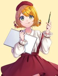 Rule 34 | + +, 1girl, :q, absurdres, beret, blonde hair, braid, brown background, closed mouth, collared shirt, commentary request, frilled shirt collar, frills, green eyes, hair ornament, hairclip, hands up, hat, highres, holding, holding pen, inu8neko, kagamine rin, long sleeves, looking at viewer, notebook, pen, red hat, red skirt, shirt, simple background, skirt, smile, solo, star (symbol), star hair ornament, suspender skirt, suspenders, suspenders slip, swept bangs, tongue, tongue out, twin braids, vocaloid, white shirt