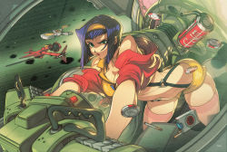 Rule 34 | 1girl, bob cut, breasts, can, cardigan, cigarette, cleavage, coca-cola, cockpit, commentary, cowboy bebop, drink can, drinking straw, edwin huang, english commentary, faye valentine, front-tie top, green eyes, hairband, leaning forward, lucky strike, medium breasts, midriff, o-ring, off shoulder, open cardigan, open clothes, orange hairband, piloting, pink thighhighs, poker chip, purple hair, red cardigan, red lips, short hair, short shorts, shorts, skindentation, smoking, soda can, solo focus, space, spacecraft, spacecraft interior, starfighter, suspender shorts, suspenders, swordfish ii, thighhighs, yellow hairband, yellow shorts, zero gravity