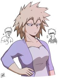 Rule 34 | 10s, 1girl, 2boys, artist request, bakugou katsuki, bakugou masaru, bakugou mitsuki, blonde hair, boku no hero academia, breasts, cleavage, expressionless, family, father and son, glasses, highres, husband and wife, large breasts, mature female, mature male, mother and son, multiple boys, red eyes, short hair, smile, spiked hair, thumbs up, upper body