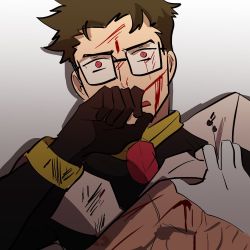 Rule 34 | 1boy, bad id, bad twitter id, black hair, blood, blood on face, covering face, glasses, gradient background, henry the green engine, kendy (revolocities), looking at viewer, male focus, open mouth, personification, pilot uniform, pov, pov hands, red eyes, scar, simple background, solo focus, surprised, thomas the tank engine, upper body