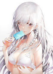 Rule 34 | 1girl, bare shoulders, bikini, braid, breasts, cleavage, collarbone, earrings, floating hair, food, haori io, highres, holding, holding food, jewelry, licking, long hair, medium breasts, nail polish, o-ring, o-ring top, original, pink eyes, pink nails, popsicle, side braid, sidelocks, signature, silver hair, simple background, solo, swimsuit, upper body, very long hair, white background, white bikini