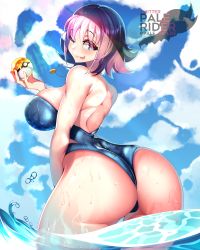 Rule 34 | 1girl, alternate breast size, artist name, ass, ass focus, blue one-piece swimsuit, blue sky, breasts, butt crack, creatures (company), curvy, game freak, gs ball, highres, holding, holding poke ball, huge ass, large breasts, lips, looking at viewer, looking back, naughty face, nintendo, ocean, one-piece swimsuit, one eye closed, pale rider (paleriderz), philena ivy, poke ball, pokemon, pokemon (anime), pokemon (classic anime), purple eyes, purple hair, shiny clothes, shiny skin, skindentation, sky, smile, swimsuit, water, wet, wide hips, wink
