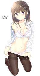 Rule 34 | 1girl, 7 calpis 7, bare shoulders, blush, bow, bow bra, bow panties, bra, breasts, brown hair, brown pantyhose, cleavage, closed mouth, clothes pull, collarbone, collared shirt, commentary request, dress shirt, flower, hair between eyes, hair flower, hair ornament, hairclip, highres, kneeling, long hair, long sleeves, medium breasts, no shoes, off shoulder, open clothes, open shirt, original, panties, pantyhose, pantyhose pull, pink panties, purple eyes, school uniform, shirt, simple background, solo, thighband pantyhose, underwear, undressing, white background, white bra, white flower, white shirt