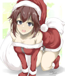 Rule 34 | 1girl, all fours, black eyes, breasts, brown hair, cleavage, dress, fur-trimmed dress, fur-trimmed headwear, fur trim, gakky, hat, hayasui (kancolle), highres, kantai collection, looking at viewer, medium breasts, one-hour drawing challenge, red dress, sack, santa dress, santa hat, short hair, solo