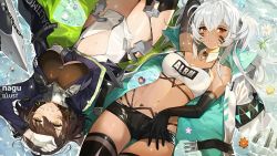 Rule 34 | 2girls, ahoge, alabama (azur lane), arm behind head, arm up, artist name, azur lane, baltimore (azur lane), bandeau, bikini, bikini under clothes, black gloves, black hair, black leotard, bodypaint, braid, breasts, center opening, choker, cleavage, clothes writing, coat, collared shirt, dark-skinned female, dark skin, detached collar, elbow gloves, facepaint, from above, gloves, jacket, jacket on shoulders, large breasts, leotard, long hair, looking at viewer, lying, multiple girls, nagu, native american, navel, official art, on back, open clothes, open coat, outdoors, parted lips, partially submerged, pelvic curtain, pleated skirt, purple coat, red eyes, shirt, short hair, short shorts, shorts, sidelocks, silver hair, skirt, smile, stomach, strapless, swimsuit, thighhighs, tube top, twintails, white gloves, yellow eyes