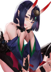 Rule 34 | 1girl, bare shoulders, blazpu, bob cut, breasts, collarbone, eyeliner, fate/grand order, fate (series), headpiece, highres, horns, japanese clothes, kimono, knees apart feet together, long sleeves, looking at viewer, makeup, oni, open mouth, pointy ears, purple kimono, revealing clothes, short hair, shuten douji (fate), skin-covered horns, small breasts, smile, solo, thighs
