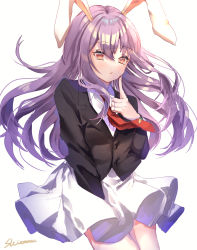 Rule 34 | 1girl, :o, animal ears, artist name, between legs, blazer, blush, breasts, buttons, carrot pin, collared shirt, commentary, eyelashes, finger to mouth, hand between legs, highres, index finger raised, jacket, light purple hair, long hair, long sleeves, looking at viewer, medium breasts, necktie, open mouth, rabbit ears, red necktie, reisen udongein inaba, shiromoru (yozakura rety), shirt, signature, simple background, skirt, solo, standing, suit jacket, symbol-only commentary, touhou, upper body, white background, white shirt, white skirt, wing collar