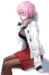 Rule 34 | 1girl, absurdres, black sweater, breasts, brown pantyhose, fate/grand order, fate (series), glasses, grey scarf, hair over one eye, highres, jacket, large breasts, light purple hair, long sleeves, mash kyrielight, mash kyrielight (chaldea park caravan), official alternate costume, open clothes, open jacket, pantyhose, purple eyes, red skirt, ribbed sweater, rororo, scarf, short hair, sitting, skirt, solo, sweater, white jacket