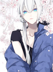 Rule 34 | 1girl, black shirt, blue coat, blue eyes, blurry, blurry background, cherry blossoms, coat, collarbone, commentary request, falling petals, fur-trimmed coat, fur trim, hair ornament, hair scrunchie, highres, long hair, looking at viewer, original, padded coat, petals, puffy coat, scrunchie, shirt, short sleeves, smile, solo, upper body, white hair, yagi (shiro yagi)