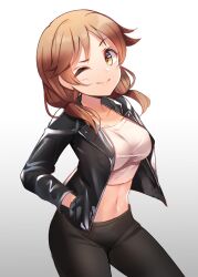 Rule 34 | 1girl, black bow, black jacket, black pants, blush, bow, breasts, brown eyes, brown hair, chiro (norishiro michiro), cleavage, closed mouth, collarbone, cowboy shot, crop top, cropped shirt, from side, gradient background, grey background, hair bow, hand in pocket, highres, idolmaster, idolmaster cinderella girls, idolmaster cinderella girls starlight stage, jacket, katagiri sanae, large breasts, long hair, looking at viewer, low twintails, midriff, navel, one eye closed, open clothes, open jacket, pants, shirt, short twintails, simple background, smile, solo, twintails, white shirt