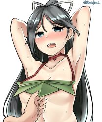 Rule 34 | 1girl, absurdres, arched back, areola slip, armor, armpits, arms behind head, bare shoulders, black hair, blue eyes, breasts, collarbone, colored eyelashes, commentary request, hair between eyes, hair ribbon, halterneck, high ponytail, highres, kantai collection, katsuragi (kancolle), kiritto, long hair, looking at viewer, midriff, muneate, naked armor, open mouth, ponytail, ribbon, sexual harassment, simple background, small breasts, solo focus, stomach, twitter username, upper body, white background