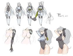 Rule 34 | 1girl, alternate costume, animal ears, asymmetrical clothes, asymmetrical pants, bare legs, bare shoulders, black leotard, blue eyes, braid, breasts, cape, character sheet, commentary request, framed breasts, girls&#039; frontline, gloves, grey hair, jacket, ksvk (girls&#039; frontline), large breasts, leg strap, leotard, long hair, looking at viewer, mechanical arms, multiple views, pandea work, ponytail, pouch, ribbed leotard, single mechanical arm, strap, thigh strap, very long hair