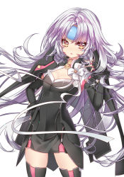 Rule 34 | 1girl, black dress, black gloves, breasts, cleavage, code: nemesis (elsword), cowboy shot, dress, elsword, eve (elsword), fingerless gloves, floating hair, gloves, hand on own hip, long hair, parted lips, short dress, silver hair, simple background, small breasts, solo, standing, thighhighs, very long hair, wataru kuri, white background, yellow eyes