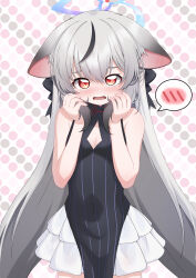Rule 34 | 1girl, :o, absurdres, animal ear fluff, animal ears, black dress, blue archive, bow, breasts, china dress, chinese clothes, cleavage, cleavage cutout, clothing cutout, commentary request, dress, frilled skirt, frills, gradient hair, grey hair, hair between eyes, hair bow, hair ribbon, highres, kido airaku, kokona (blue archive), long hair, looking at viewer, low twintails, multicolored hair, pelvic curtain, red eyes, ribbon, sidelocks, simple background, skirt, sleeveless, small breasts, solo, spoken blush, streaked hair, tiger ears, tiger girl, twintails, two-tone hair, white skirt