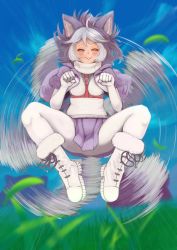 Rule 34 | 1girl, absurdres, afterimage, animal ears, blue eyes, bodystocking, boots, commentary request, day, dog (mixed breed) (kemono friends), dog ears, dog girl, dog tail, emphasis lines, floating hair, full body, fur-trimmed sleeves, fur trim, gakukuru, grass, grey hair, half-closed eyes, hands up, harness, heterochromia, highres, jacket, kemono friends, knees up, lips, looking at viewer, medium hair, microskirt, midair, motion blur, multicolored hair, open clothes, open jacket, orange eyes, outdoors, pantyhose, parted lips, paw pose, short sleeves, skirt, smile, solo, spread legs, sweater vest, tail, tail wagging, two-tone hair, white hair