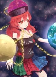 Rule 34 | 1girl, bare shoulders, breasts, chain, cleavage, collar, earth (ornament), grin, hecatia lapislazuli, highres, moon (ornament), plaid, plaid skirt, pleated skirt, red eyes, red hair, shirosama (olheat), skirt, smile, solo, touhou