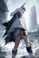 Rule 34 | 1girl, absurdres, armor, armored boots, boots, cloak, closed mouth, copyright name, from behind, goddess of victory: nikke, highres, kotha art, long hair, looking at viewer, looking back, mechanical arms, outdoors, ruins, shoulder armor, single mechanical arm, sky, snow, snow white (nikke), solo, standing, visor (armor), white cloak, white hair, yellow eyes