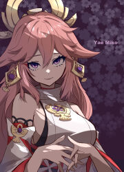 Rule 34 | 1girl, absurdres, bare shoulders, breasts, character name, chinese commentary, commentary, detached sleeves, floral background, genshin impact, hair between eyes, hair ornament, highres, japanese clothes, large breasts, long hair, looking at viewer, miko, mutsu aya, nontraditional miko, own hands together, parted lips, pink hair, purple eyes, romaji text, shirt, sideboob, sleeveless, sleeveless shirt, smile, solo, upper body, white shirt, wide sleeves, yae miko