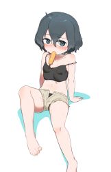 Rule 34 | 1girl, absurdres, arm support, bare legs, black camisole, black eyes, black hair, black panties, blush, brown shorts, camisole, chis (js60216), collarbone, crop top, cutoffs, food, food in mouth, highres, kaban (kemono friends), kemono friends, knee up, off shoulder, panties, popsicle, shorts, sitting, solo, sweat, underwear, white background