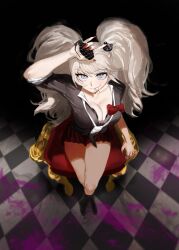 Rule 34 | 1girl, arm up, bear hair ornament, black footwear, black necktie, black shirt, blonde hair, blood, bow, breasts, chair, checkered floor, cleavage, commentary request, danganronpa: trigger happy havoc, danganronpa (series), enoshima junko, explosive, grenade, haembeogeo, hair ornament, highres, holding, holding weapon, korean commentary, large breasts, long hair, looking up, miniskirt, nail polish, necktie, pink blood, red bow, red nails, red skirt, shirt, skirt, solo, standing, twintails, weapon, white necktie