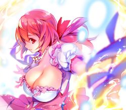 Rule 34 | 1girl, bow, breasts, cleavage, closed mouth, flower knight girl, huge breasts, jewelry, looking at viewer, magic, mg kurino, necklace, pink bow, ponytail, profile, red eyes, red hair, short hair, smile, solo, strawberry candle (flower knight girl), upper body, waist bow