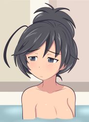 Rule 34 | 1girl, ahoge, alternate hairstyle, averting eyes, bath, black eyes, black hair, blush, breasts, closed mouth, commentary, frown, girls und panzer, hair up, half-closed eyes, indoors, isuzu hana, looking to the side, medium breasts, ofuro, partially submerged, solo, tanaka rikimaru