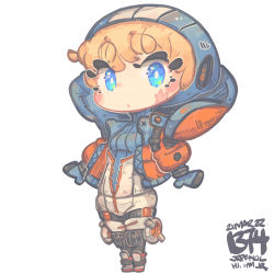 Rule 34 | 1girl, :o, animification, apex legends, blue bodysuit, blue eyes, blue gloves, blue headwear, blush, bodysuit, bright pupils, chibi, dated, facial scar, gloves, highres, hood, hooded jacket, jacket, jrpencil, knee pads, looking to the side, open hands, orange jacket, ribbed bodysuit, scar, scar on cheek, scar on face, solo, wattson (apex legends), white background, white bodysuit, white pupils
