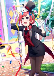 Rule 34 | 10s, 1girl, alternate hairstyle, animal, animal on head, arms up, black bow, blush, bow, bowtie, coattails, confetti, flower, gloves, grass, hair bow, hat, heart, highres, jacket, knees together feet apart, lapel pin, long sleeves, looking up, love live!, love live! school idol festival, love live! school idol project, low ponytail, magician, miniskirt, nishikino maki, official art, on head, open clothes, open jacket, open mouth, pantyhose, pencil skirt, purple eyes, rabbit, red eyes, red hair, red vest, rose, short hair, skirt, sleeves rolled up, solo, standing, star (symbol), striped, suit jacket, swept bangs, tailcoat, top hat, tree, tuxedo, vertical stripes, vest, white gloves, window