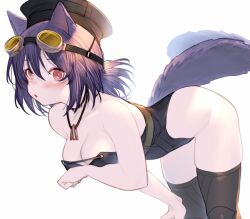 Rule 34 | 1girl, animal ears, arknights, arm under breasts, bent over, black hair, black headwear, black leotard, black thighhighs, blush, boots, breasts, cat ears, cat girl, cat tail, cleavage, collarbone, feet out of frame, female focus, goggles, goggles on head, hand on own knee, high heel boots, high heels, highres, jewelry, kochiya (gothope), leaning forward, leotard, looking at viewer, looking back, medium breasts, necklace, open mouth, red eyes, rockrock (arknights), short hair, simple background, skindentation, solo, strapless, strapless leotard, tail, thighhighs, thighs, white background