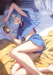 Rule 34 | 1girl, alarm clock, arm over head, arm up, bare legs, blanket, blue eyes, blue hair, blue nails, blue pajamas, blue shirt, blue shorts, clock, commentary, copyright request, curtains, feet out of frame, fingernails, hair ornament, hairpin, highres, holding, holding alarm clock, long hair, looking at viewer, lying, midriff, nail polish, navel, on bed, on side, open mouth, pajamas, pillow, saraki, shirt, short shorts, short sleeves, shorts, solo, stomach, striped clothes, striped shirt, vertical-striped clothes, vertical-striped shirt