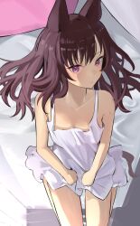 Rule 34 | 1girl, animal ears, babydoll, bare shoulders, bed, bed sheet, blush, breasts, brown hair, closed mouth, commentary request, feet out of frame, highres, horse ears, horse girl, horse tail, long hair, looking at viewer, lying, mejiro dober (umamusume), on back, purple eyes, skirt hold, small breasts, solo, solokitsune, tail, umamusume, white babydoll