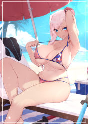 Rule 34 | 1girl, american flag bikini, american flag print, asymmetrical hair, bare shoulders, bikini, black one-piece swimsuit, blue eyes, blush, breasts, bun cover, cleavage, curvy, fate/grand order, fate (series), fei er, flag print, hair bun, highres, huge breasts, large breasts, long hair, looking at viewer, miyamoto musashi (fate), miyamoto musashi (fate/grand order), miyamoto musashi (swimsuit berserker) (fate), miyamoto musashi (swimsuit berserker) (second ascension) (fate), navel, one-piece swimsuit, pink hair, print bikini, side bun, single hair bun, single side bun, sitting, smile, solo, swept bangs, swimsuit, toy sword